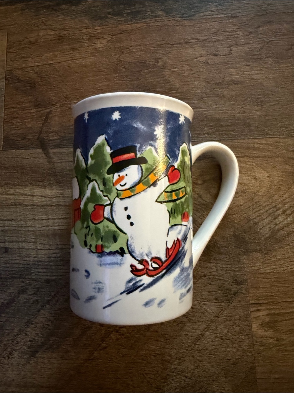 Vintage Holiday Snowman Ceramic Mug in Blue and White